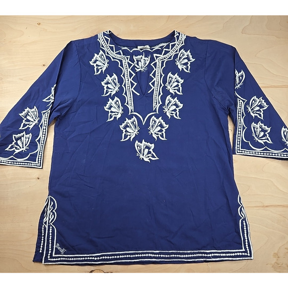 Macelli Embroidered Tunic Shirt Womens L Navy/White Boho Casual India Butterfly - Picture 1 of 11